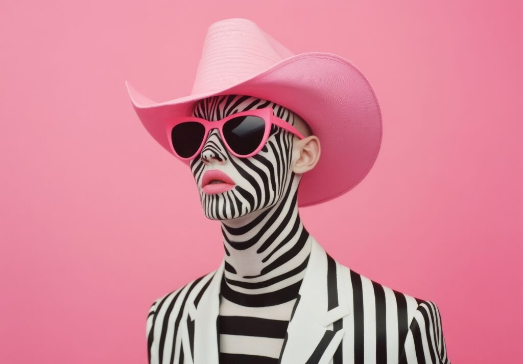 fun zebra wearing glasses in a multi colored style with a surreal surrealism art background. inspirational and creative.